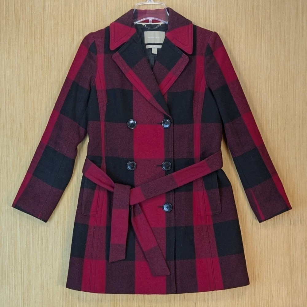 Banana Republic Trench Coat Womens Red Buffalo Plaid Lumberjack Wool Blend Small